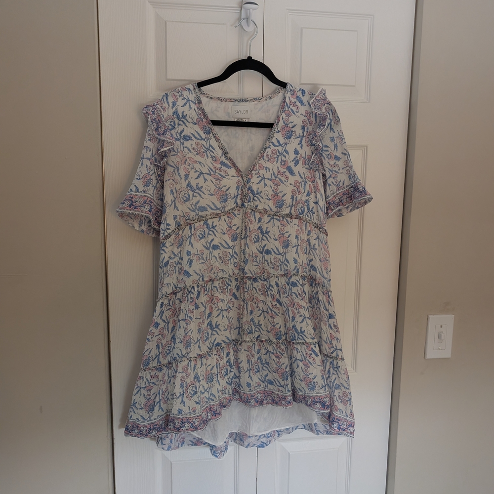 SAYLOR Boho Floral V-Neck Ruffle Mini Dress 100% Cotton